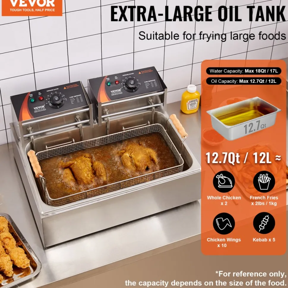 VEVOR Commercial Deep Fryer, 3000W Electric Turkey Fryer with 3 Removable Baskets, Large Capacity 18Qt / 17L Stainless Steel Countertop Single Oil Fryer, for Kitchen Restaurant Use, Silver