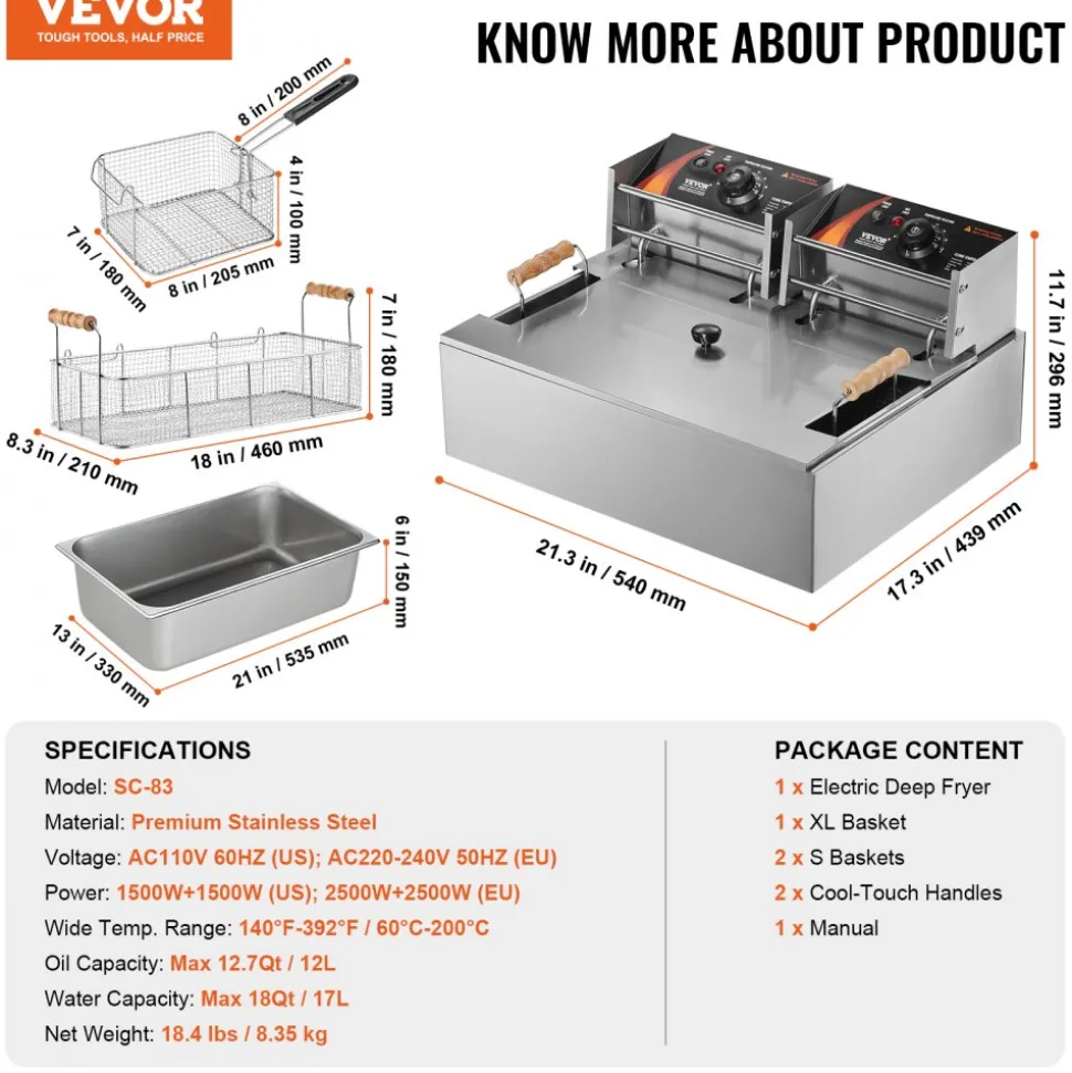 VEVOR Commercial Deep Fryer, 3000W Electric Turkey Fryer with 3 Removable Baskets, Large Capacity 18Qt / 17L Stainless Steel Countertop Single Oil Fryer, for Kitchen Restaurant Use, Silver