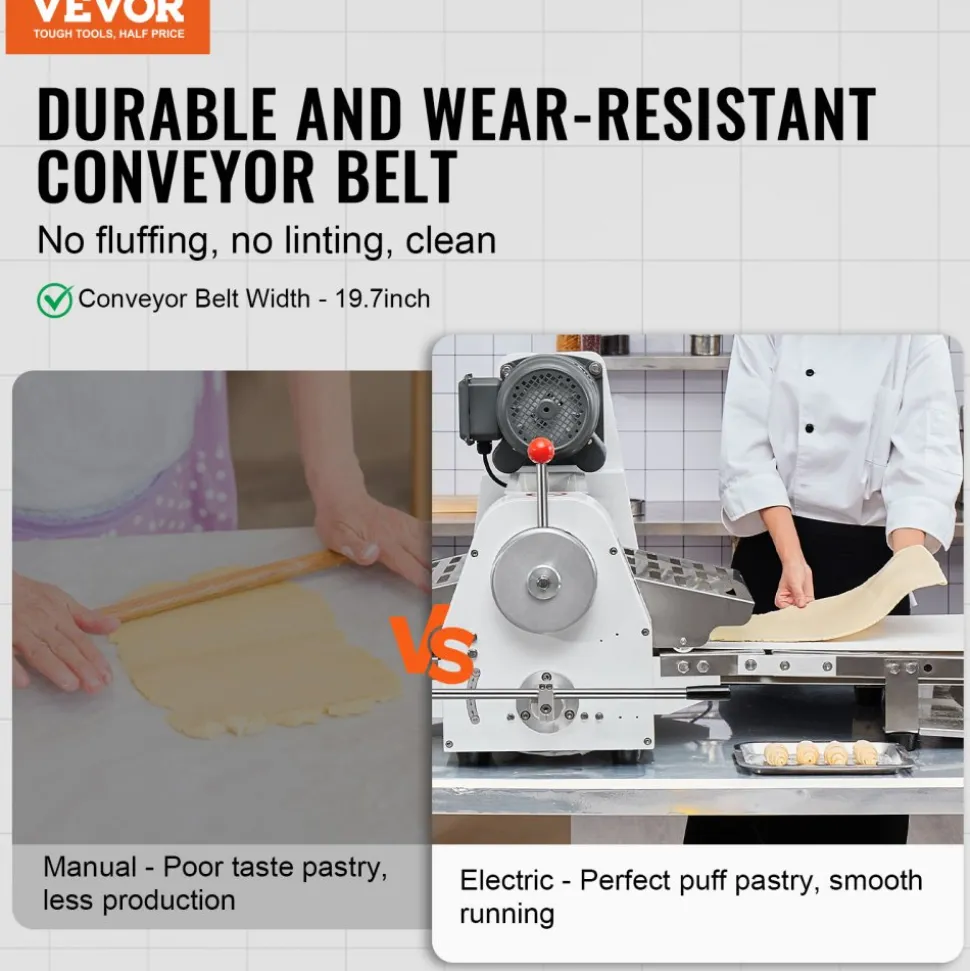 VEVOR Commercial Dough Sheeter Machine, 19.7-Inch Reversible Puff Pastry Sheeter and Fondant Roller, Electric Dough Roller 0-1.4" Adjustable Thickness, Folding Dough Sheeter for Bakeries, Pastries