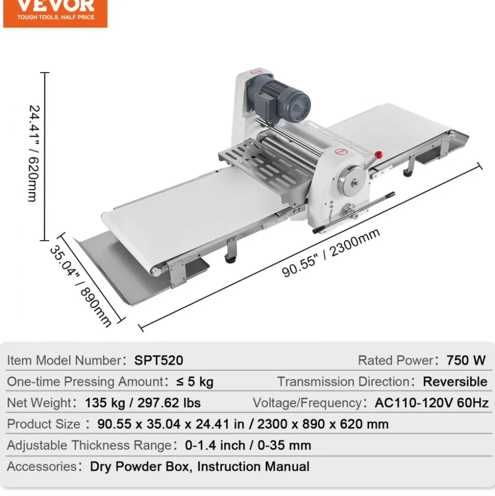 VEVOR Commercial Dough Sheeter Machine, 19.7-Inch Reversible Puff Pastry Sheeter and Fondant Roller, Electric Dough Roller 0-1.4" Adjustable Thickness, Folding Dough Sheeter for Bakeries, Pastries