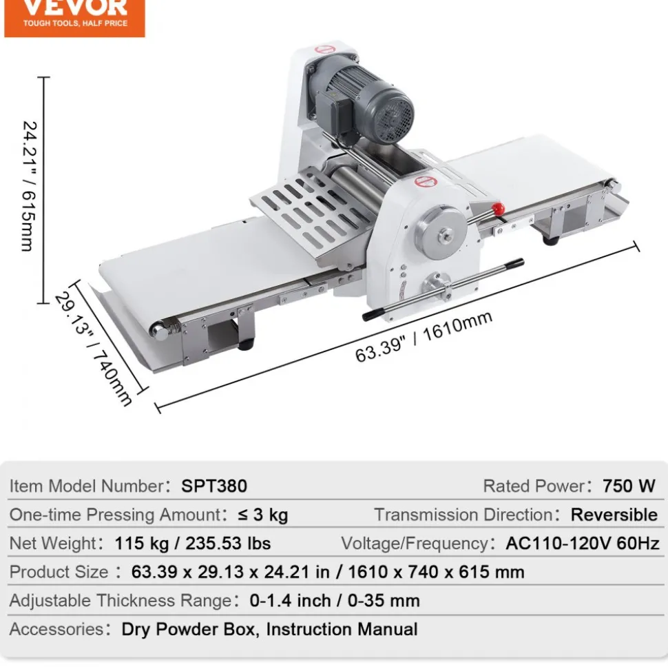 VEVOR Commercial Dough Sheeter Machine, 15.7-Inch Reversible Puff Pastry Sheeter and Fondant Roller, Electric Dough Roller 0-1.4" Adjustable Thickness, Folding Dough Sheeter for Bakeries, Pastries