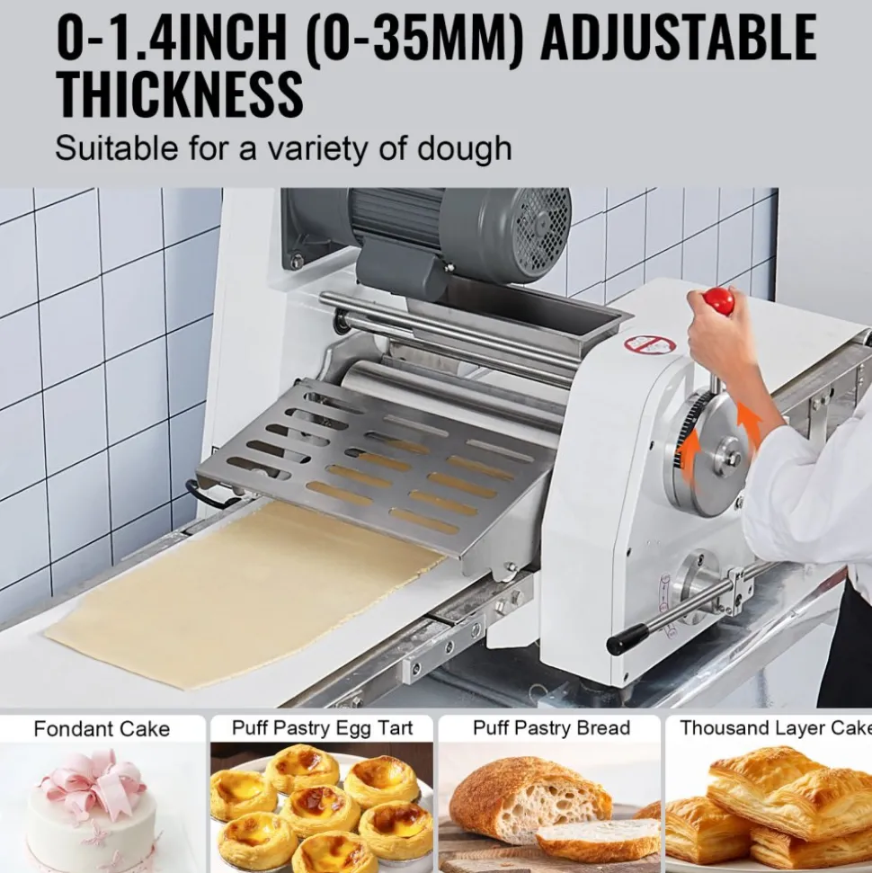 VEVOR Commercial Dough Sheeter Machine, 15.7-Inch Reversible Puff Pastry Sheeter and Fondant Roller, Electric Dough Roller 0-1.4" Adjustable Thickness, Folding Dough Sheeter for Bakeries, Pastries