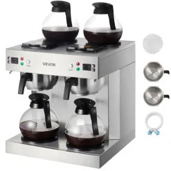 VEVOR Commercial Drip Coffee Maker, 24 Cups Coffee-Maker Machine with 4 Glass Carafes and 4 Decanter Warmer Plates, Stainless Steel Dual-Head Coffee Brewer, for Restaurant, Office, Coffee Shop & Home