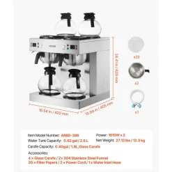 VEVOR Commercial Drip Coffee Maker, 24 Cups Coffee-Maker Machine with 4 Glass Carafes and 4 Decanter Warmer Plates, Stainless Steel Dual-Head Coffee Brewer, for Restaurant, Office, Coffee Shop & Home