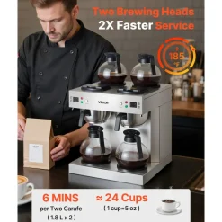 VEVOR Commercial Drip Coffee Maker, 24 Cups Coffee-Maker Machine with 4 Glass Carafes and 4 Decanter Warmer Plates, Stainless Steel Dual-Head Coffee Brewer, for Restaurant, Office, Coffee Shop & Home