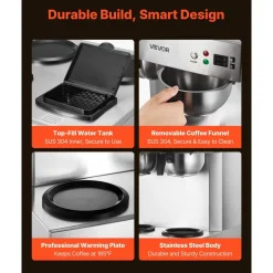 VEVOR Commercial Drip Coffee Maker, 24 Cups Coffee-Maker Machine with 4 Glass Carafes and 4 Decanter Warmer Plates, Stainless Steel Dual-Head Coffee Brewer, for Restaurant, Office, Coffee Shop & Home