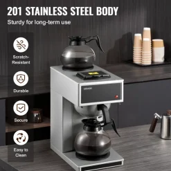 VEVOR Commercial Drip Coffee Maker, 12 Cups Coffee-Maker Machine with 2 Glass Carafes and 2 Decanter Warmer Plates, Stainless Steel Drip Style Coffee Brewer, for Restaurant, Office, Coffee Shop & Home