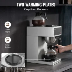 VEVOR Commercial Drip Coffee Maker, 12 Cups Coffee-Maker Machine with 2 Glass Carafes and 2 Decanter Warmer Plates, Stainless Steel Drip Style Coffee Brewer, for Restaurant, Office, Coffee Shop & Home