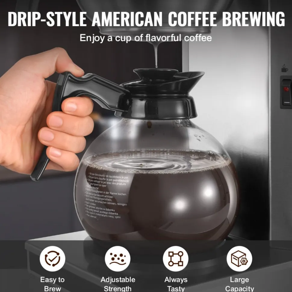 VEVOR Commercial Drip Coffee Maker, 12 Cups Coffee-Maker Machine with 2 Glass Carafes and 2 Decanter Warmer Plates, Stainless Steel Drip Style Coffee Brewer, for Restaurant, Office, Coffee Shop & Home