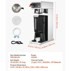 VEVOR Commercial Drip Coffee Maker, 16-17 Cups Machine with 2.5 L Thermal Carafe, Keep Warm for 4 Hours, Stainless Steel Brewer with Auto Water Filling, for Restaurant, Office, Coffee Shop & Home