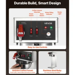 VEVOR Commercial Drip Coffee Maker, 16-17 Cups Machine with 2.5 L Thermal Carafe, Keep Warm for 4 Hours, Stainless Steel Brewer with Auto Water Filling, for Restaurant, Office, Coffee Shop & Home
