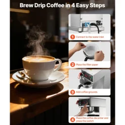 VEVOR Commercial Drip Coffee Maker, 16-17 Cups Machine with 2.5 L Thermal Carafe, Keep Warm for 4 Hours, Stainless Steel Brewer with Auto Water Filling, for Restaurant, Office, Coffee Shop & Home
