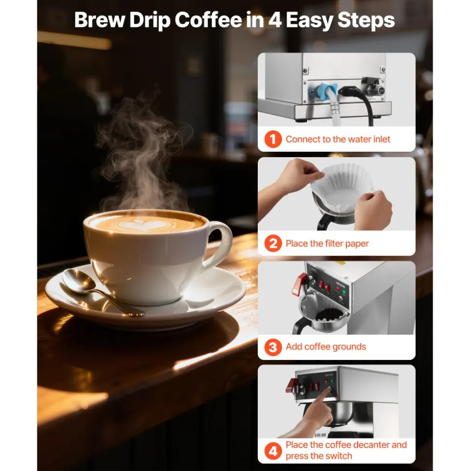VEVOR Commercial Drip Coffee Maker, 16-17 Cups Machine with 2.5 L Thermal Carafe, Keep Warm for 4 Hours, Stainless Steel Brewer with Auto Water Filling, for Restaurant, Office, Coffee Shop & Home