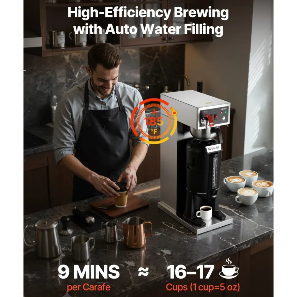 VEVOR Commercial Drip Coffee Maker, 16-17 Cups Machine with 2.5 L Thermal Carafe, Keep Warm for 4 Hours, Stainless Steel Brewer with Auto Water Filling, for Restaurant, Office, Coffee Shop & Home