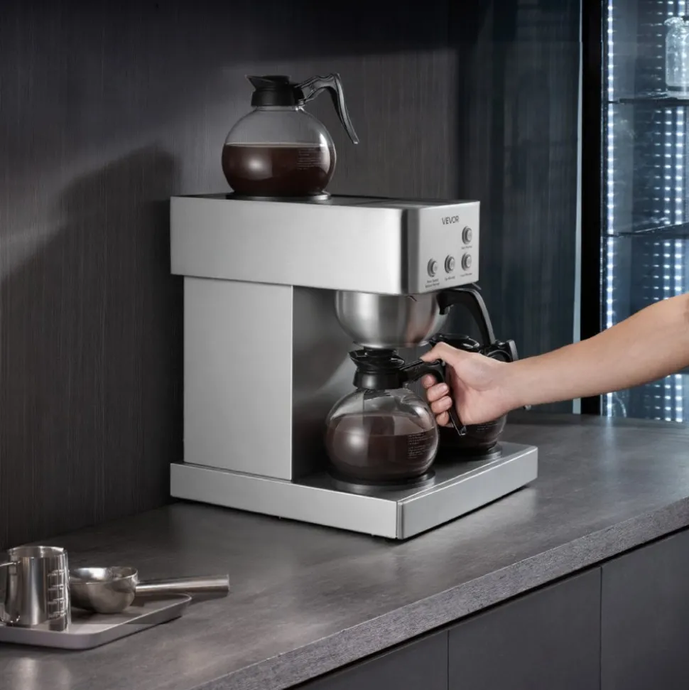 VEVOR Commercial Drip Coffee Maker, 12 Cups Coffee-Maker Machine with 4 Glass Carafes and 4 Decanter Warmer Plates, Stainless Steel Drip Style Coffee Brewer, for Restaurant, Office, Coffee Shop & Home