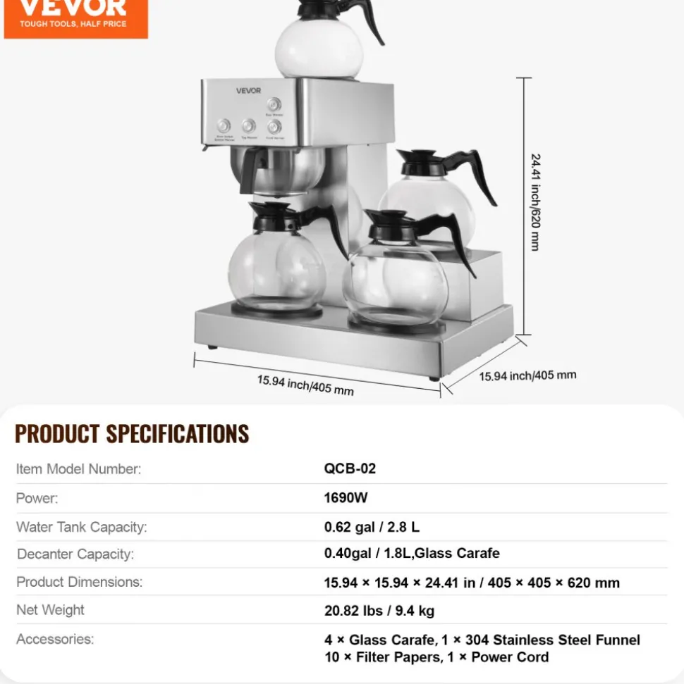 VEVOR Commercial Drip Coffee Maker, 12 Cups Coffee-Maker Machine with 4 Glass Carafes and 4 Decanter Warmer Plates, Stainless Steel Drip Style Coffee Brewer, for Restaurant, Office, Coffee Shop & Home