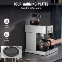 VEVOR Commercial Drip Coffee Maker, 12 Cups Coffee-Maker Machine with 4 Glass Carafes and 4 Decanter Warmer Plates, Stainless Steel Drip Style Coffee Brewer, for Restaurant, Office, Coffee Shop & Home