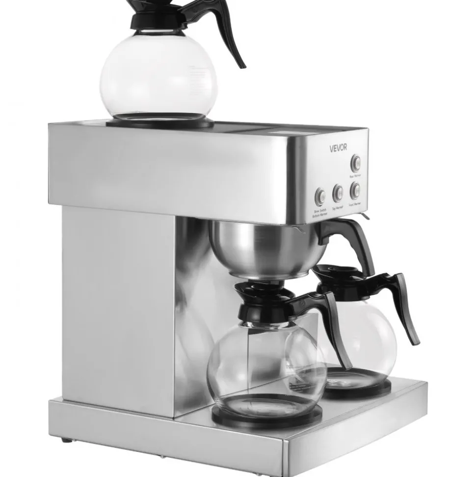 VEVOR Commercial Drip Coffee Maker, 12 Cups Coffee-Maker Machine with 4 Glass Carafes and 4 Decanter Warmer Plates, Stainless Steel Drip Style Coffee Brewer, for Restaurant, Office, Coffee Shop & Home