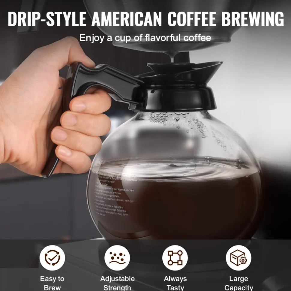 VEVOR Commercial Drip Coffee Maker, 12 Cups Coffee-Maker Machine with 4 Glass Carafes and 4 Decanter Warmer Plates, Stainless Steel Drip Style Coffee Brewer, for Restaurant, Office, Coffee Shop & Home