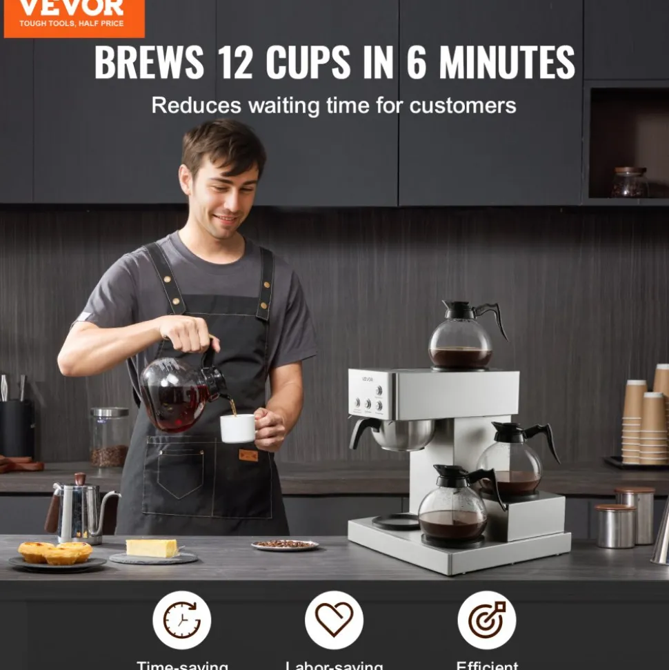 VEVOR Commercial Drip Coffee Maker, 12 Cups Coffee-Maker Machine with 4 Glass Carafes and 4 Decanter Warmer Plates, Stainless Steel Drip Style Coffee Brewer, for Restaurant, Office, Coffee Shop & Home