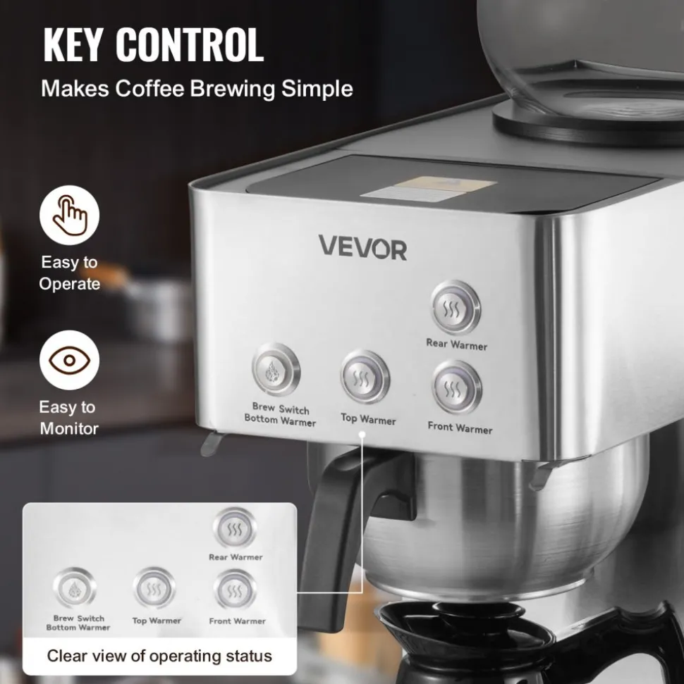 VEVOR Commercial Drip Coffee Maker, 12 Cups Coffee-Maker Machine with 4 Glass Carafes and 4 Decanter Warmer Plates, Stainless Steel Drip Style Coffee Brewer, for Restaurant, Office, Coffee Shop & Home