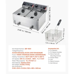 VEVOR Commercial Electric Deep Fryer, Upgrade Dual Tank 19 Qt, 3500W Stainless Steel Countertop Fryer with Baskets & Lids, Temp Control, Timer, Overheat Protection, for Commercial Restaurant, Silver