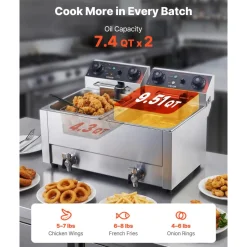 VEVOR Commercial Electric Deep Fryer, Upgrade Dual Tank 19 Qt, 3500W Stainless Steel Countertop Fryer with Baskets & Lids, Temp Control, Timer, Overheat Protection, for Commercial Restaurant, Silver