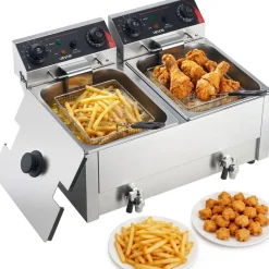 VEVOR Commercial Electric Deep Fryer, Upgrade Dual Tank 19 Qt, 3500W Stainless Steel Countertop Fryer with Baskets & Lids, Temp Control, Timer, Overheat Protection, for Commercial Restaurant, Silver