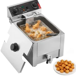 VEVOR Commercial Electric Deep Fryer, Oil Filtration Upgrade, 9.51 Qt, 1750W Stainless Steel Countertop Fryer with Basket and Lid, Temp Control, Oil Drain Valve for Commercial Restaurant Use, Silver
