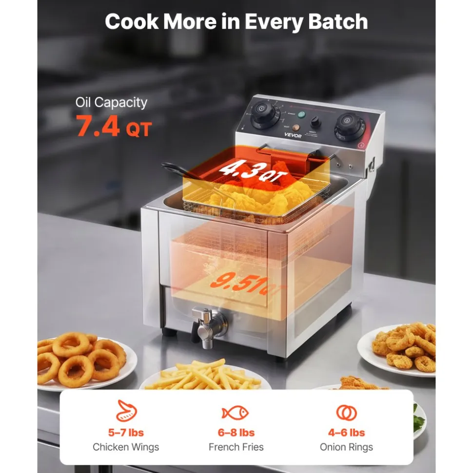 VEVOR Commercial Electric Deep Fryer, Oil Filtration Upgrade, 9.51 Qt, 1750W Stainless Steel Countertop Fryer with Basket and Lid, Temp Control, Oil Drain Valve for Commercial Restaurant Use, Silver