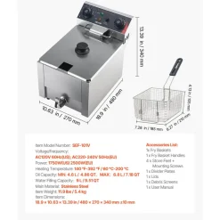 VEVOR Commercial Electric Deep Fryer, Oil Filtration Upgrade, 9.51 Qt, 1750W Stainless Steel Countertop Fryer with Basket and Lid, Temp Control, Oil Drain Valve for Commercial Restaurant Use, Silver