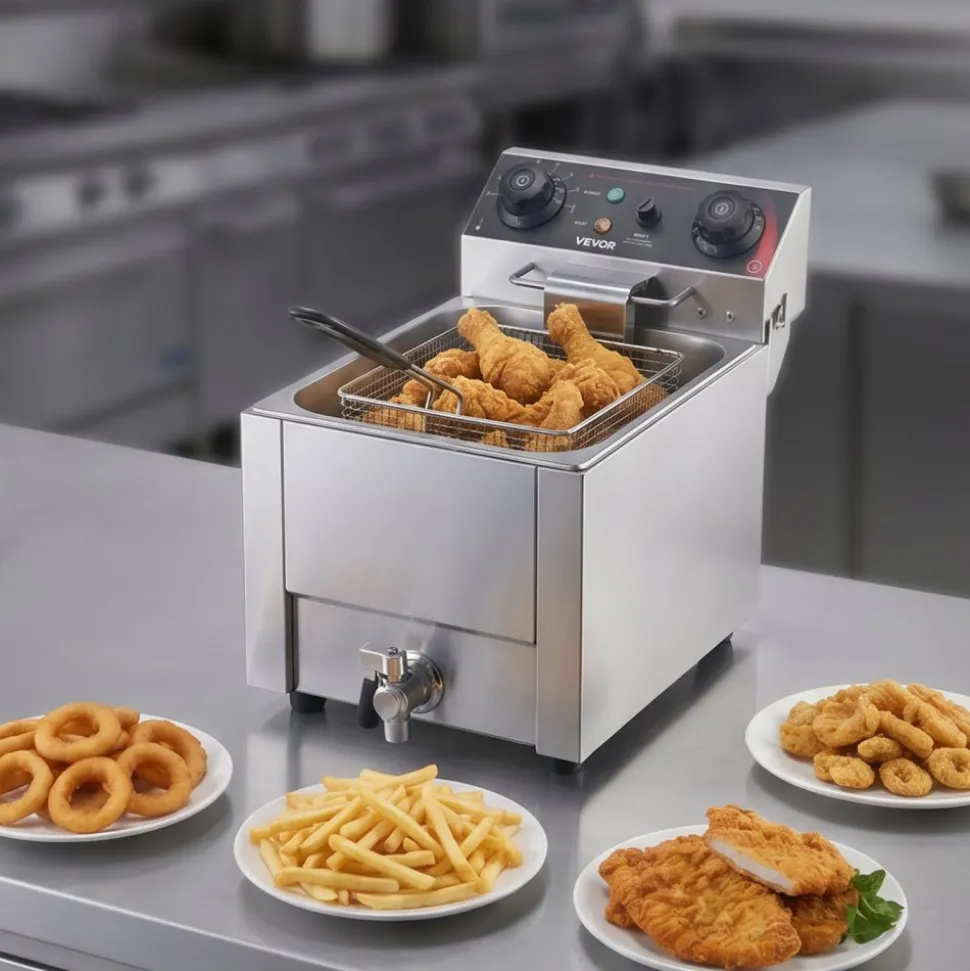 VEVOR Commercial Electric Deep Fryer, Oil Filtration Upgrade, 9.51 Qt, 1750W Stainless Steel Countertop Fryer with Basket and Lid, Temp Control, Oil Drain Valve for Commercial Restaurant Use, Silver