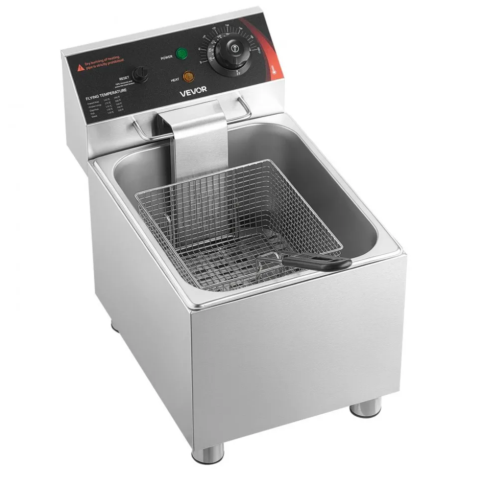 VEVOR Commercial Electric Deep Fryer, 9.51 Qt, 1700W Stainless Steel Countertop Fryer with Large & Small Baskets, Overheat Protection, Temp Control, Timer, Detachable for Home Restaurant Use, Silver