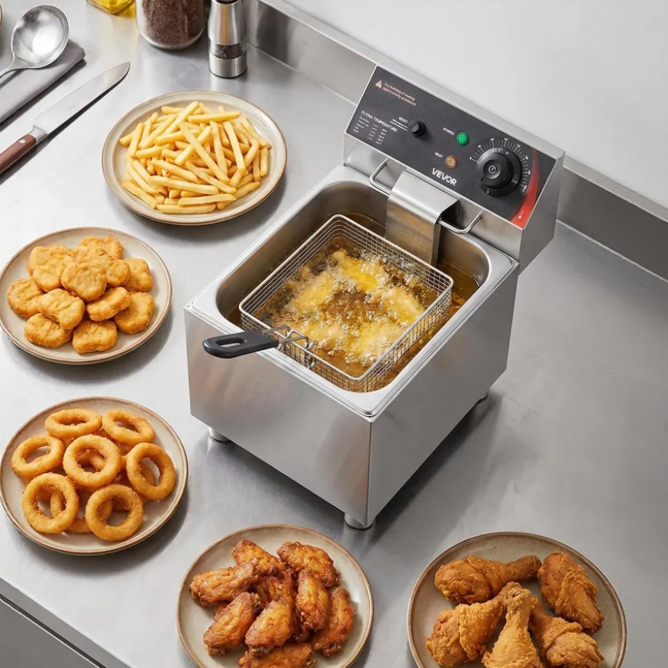 VEVOR Commercial Electric Deep Fryer, 9.51 Qt, 1700W Stainless Steel Countertop Fryer with Large & Small Baskets, Overheat Protection, Temp Control, Timer, Detachable for Home Restaurant Use, Silver