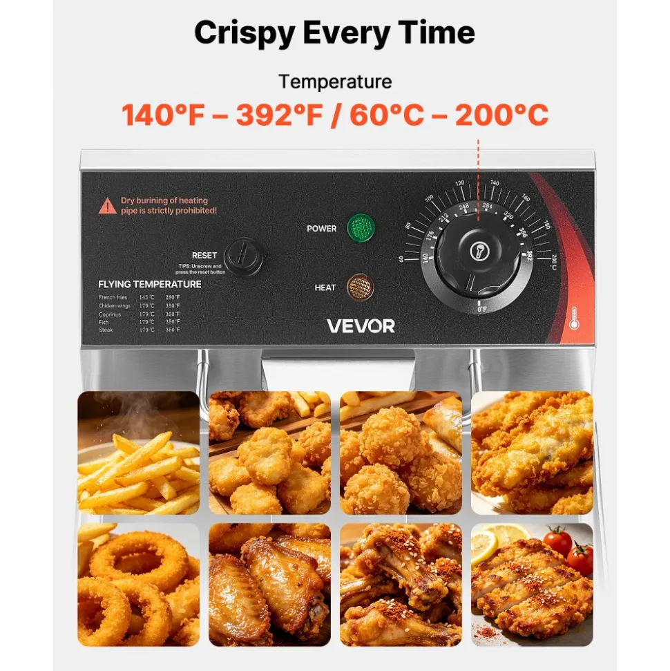 VEVOR Commercial Electric Deep Fryer, 9.51 Qt, 1700W Stainless Steel Countertop Fryer with Large & Small Baskets, Overheat Protection, Temp Control, Timer, Detachable for Home Restaurant Use, Silver