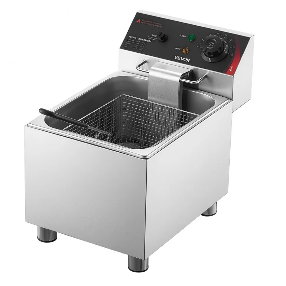 VEVOR Commercial Electric Deep Fryer, 9.51 Qt, 1700W Stainless Steel Countertop Fryer with Large & Small Baskets, Overheat Protection, Temp Control, Timer, Detachable for Home Restaurant Use, Silver
