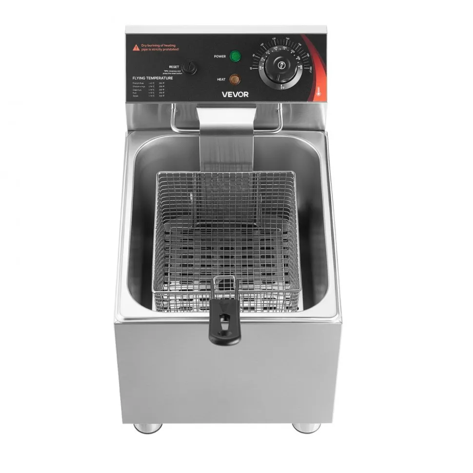 VEVOR Commercial Electric Deep Fryer, 9.51 Qt, 1700W Stainless Steel Countertop Fryer with Large & Small Baskets, Overheat Protection, Temp Control, Timer, Detachable for Home Restaurant Use, Silver
