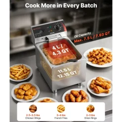 VEVOR Commercial Electric Deep Fryer, 9.51 Qt, 1700W Stainless Steel Countertop Fryer with Large & Small Baskets, Overheat Protection, Temp Control, Timer, Detachable for Home Restaurant Use, Silver