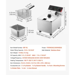 VEVOR Commercial Electric Deep Fryer, 9.51 Qt, 1700W Stainless Steel Countertop Fryer with Large & Small Baskets, Overheat Protection, Temp Control, Timer, Detachable for Home Restaurant Use, Silver