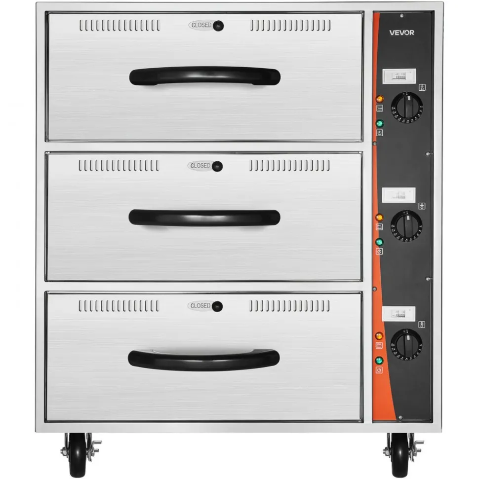 VEVOR Commercial Electric Drawer Warmer, Three-Drawer Stainless Steel Food Warmer, Freestanding Standard Warming Drawer Cabinet, 85°F–185°F Wide Temperature Range, for Restaurant, Hotel Buffet, Bakery