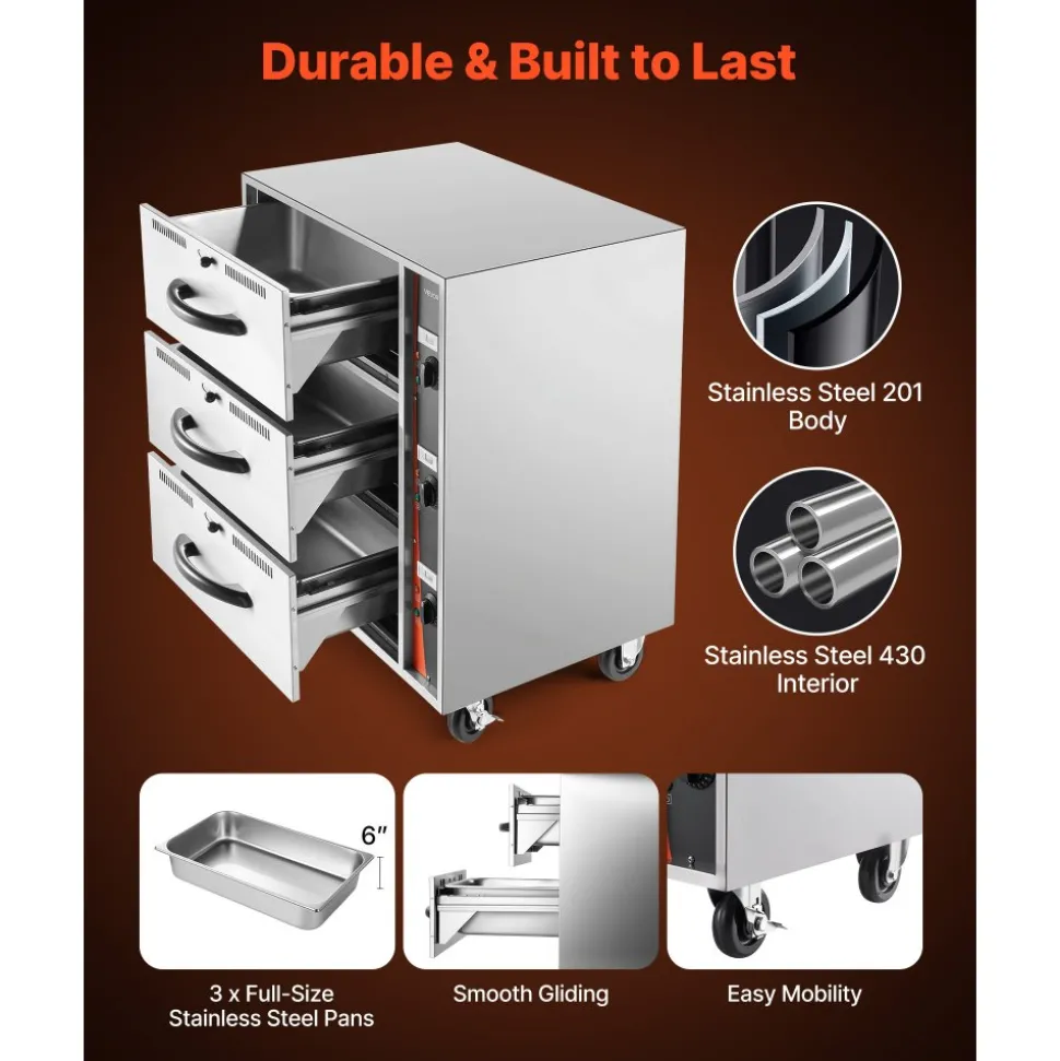 VEVOR Commercial Electric Drawer Warmer, Three-Drawer Stainless Steel Food Warmer, Freestanding Standard Warming Drawer Cabinet, 85°F–185°F Wide Temperature Range, for Restaurant, Hotel Buffet, Bakery