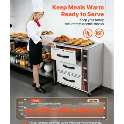 VEVOR Commercial Electric Drawer Warmer, Three-Drawer Stainless Steel Food Warmer, Freestanding Standard Warming Drawer Cabinet, 85°F–185°F Wide Temperature Range, for Restaurant, Hotel Buffet, Bakery