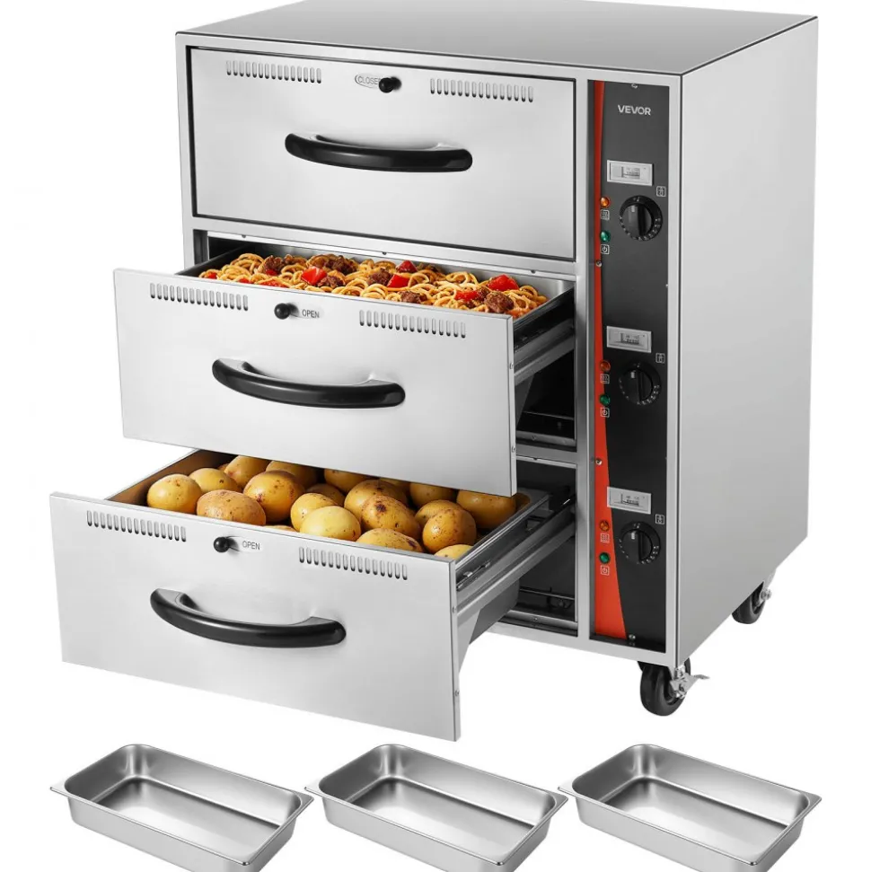 VEVOR Commercial Electric Drawer Warmer, Three-Drawer Stainless Steel Food Warmer, Freestanding Standard Warming Drawer Cabinet, 85°F–185°F Wide Temperature Range, for Restaurant, Hotel Buffet, Bakery