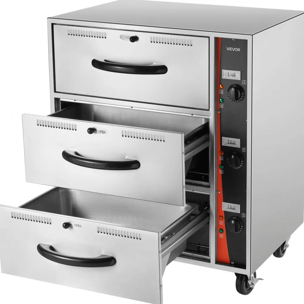 VEVOR Commercial Electric Drawer Warmer, Three-Drawer Stainless Steel Food Warmer, Freestanding Standard Warming Drawer Cabinet, 85°F–185°F Wide Temperature Range, for Restaurant, Hotel Buffet, Bakery