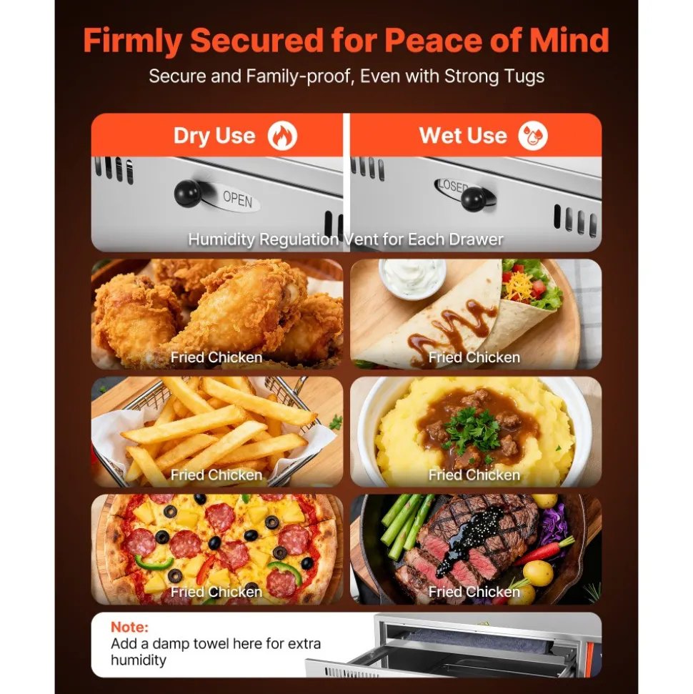 VEVOR Commercial Electric Drawer Warmer, Three-Drawer Stainless Steel Food Warmer, Freestanding Standard Warming Drawer Cabinet, 85°F–185°F Wide Temperature Range, for Restaurant, Hotel Buffet, Bakery