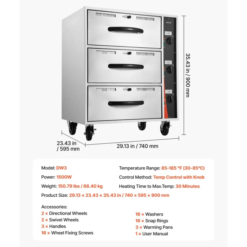 VEVOR Commercial Electric Drawer Warmer, Three-Drawer Stainless Steel Food Warmer, Freestanding Standard Warming Drawer Cabinet, 85°F–185°F Wide Temperature Range, for Restaurant, Hotel Buffet, Bakery