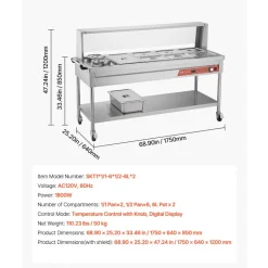 VEVOR Commercial Electric Food Warmer, 7 Pans + 2 Pots Steam Table, 1800W Professional Buffet Catering Food Warmer with Shield Undershelf Wheels, Stainless Steel Server for Party Restaurant
