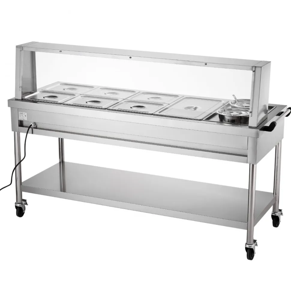VEVOR Commercial Electric Food Warmer, 7 Pans + 2 Pots Steam Table, 1800W Professional Buffet Catering Food Warmer with Shield Undershelf Wheels, Stainless Steel Server for Party Restaurant