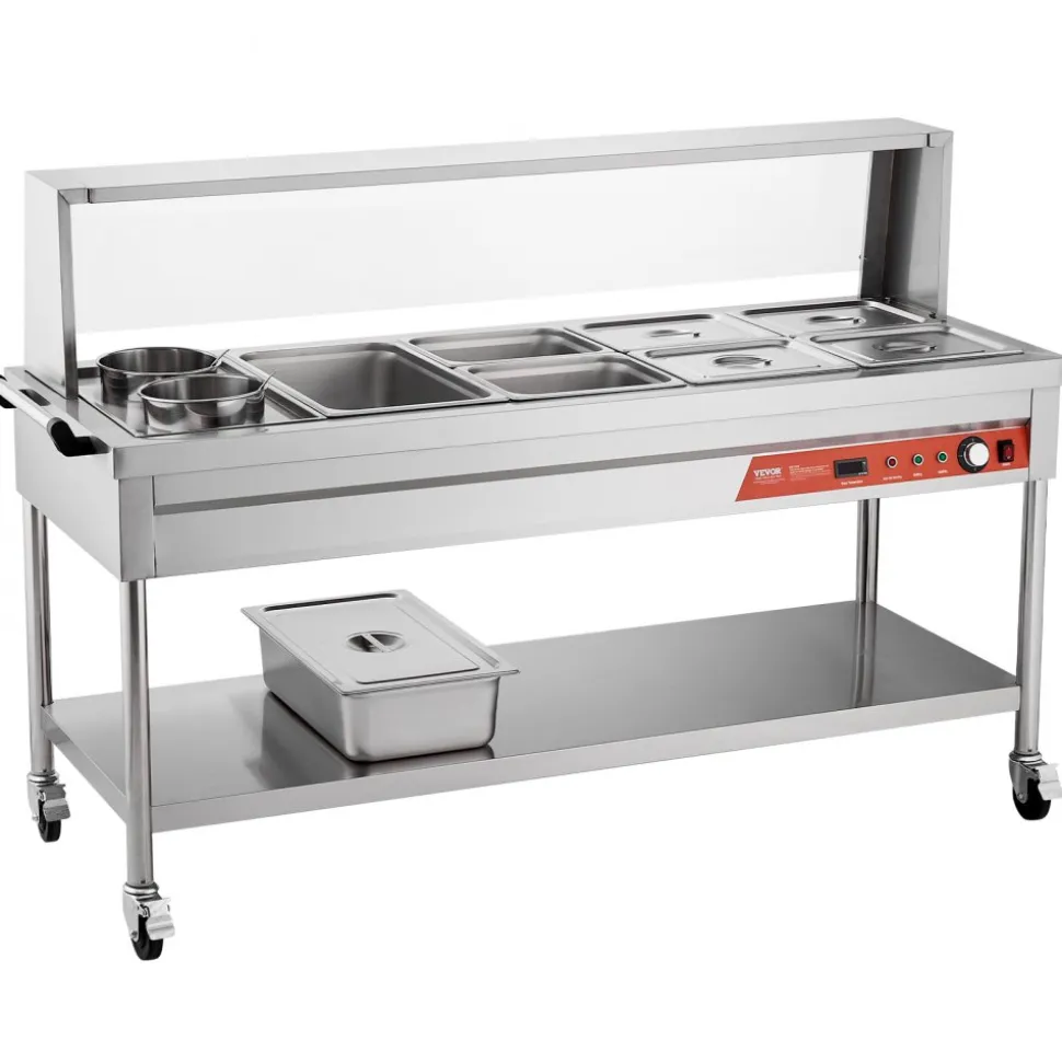 VEVOR Commercial Electric Food Warmer, 7 Pans + 2 Pots Steam Table, 1800W Professional Buffet Catering Food Warmer with Shield Undershelf Wheels, Stainless Steel Server for Party Restaurant