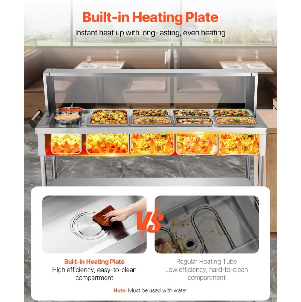 VEVOR Commercial Electric Food Warmer, 7 Pans + 2 Pots Steam Table, 1800W Professional Buffet Catering Food Warmer with Shield Undershelf Wheels, Stainless Steel Server for Party Restaurant